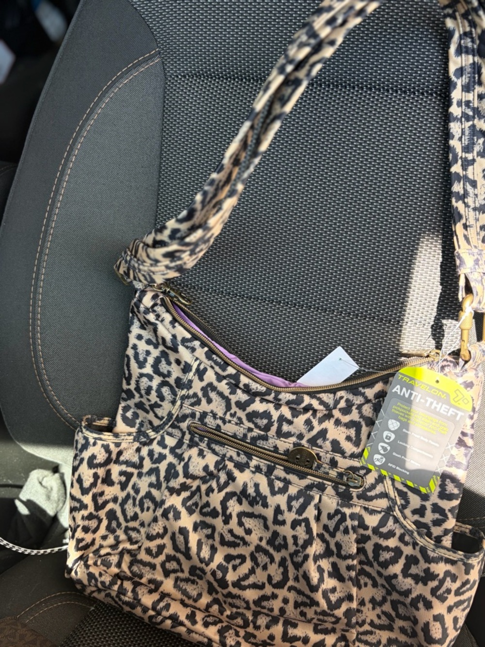 Leopard Print Anti-Theft Shoulder Bag - Beige/Black with matching wallet and key